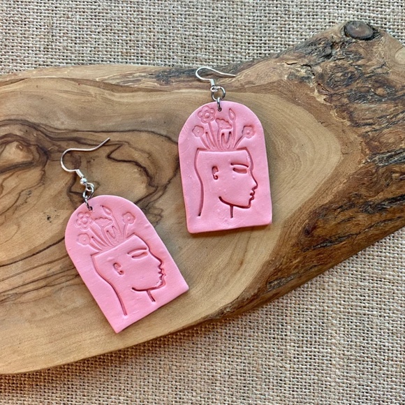 Handmade Clay Earrings | Large Arch | Pink Mental Health Awareness | Hook Backs - Picture 2 of 3